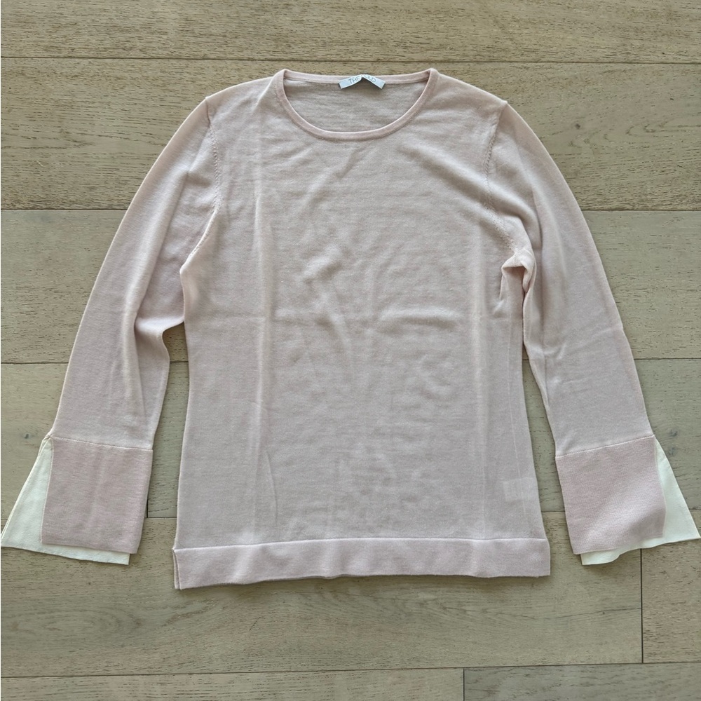 The Fold merino wool sweater with silk trim cuff sleeve inserts size L